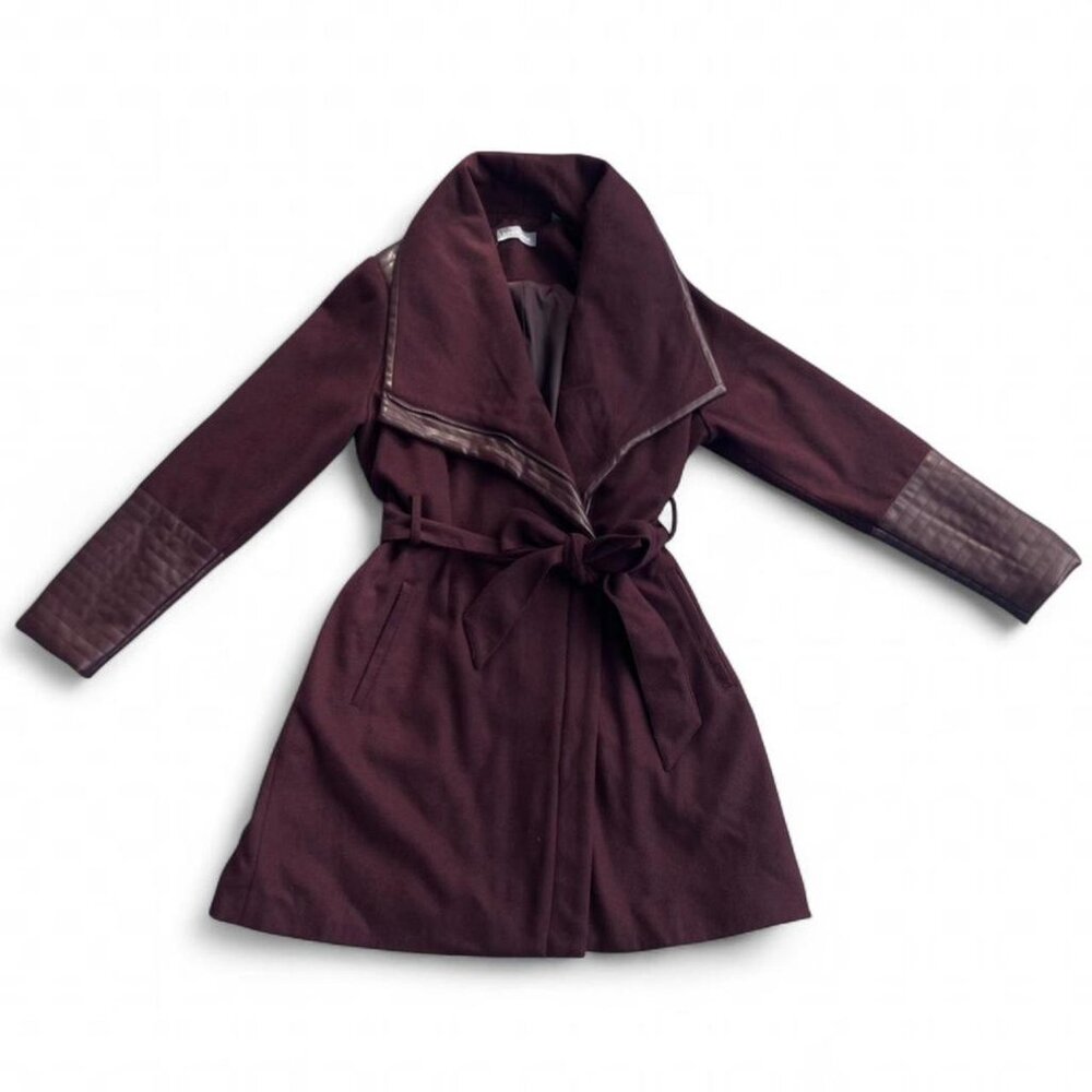 Dark Purple Bagatelle Wool Blend Belted Zip Trench Coat with Faux Leather Panels